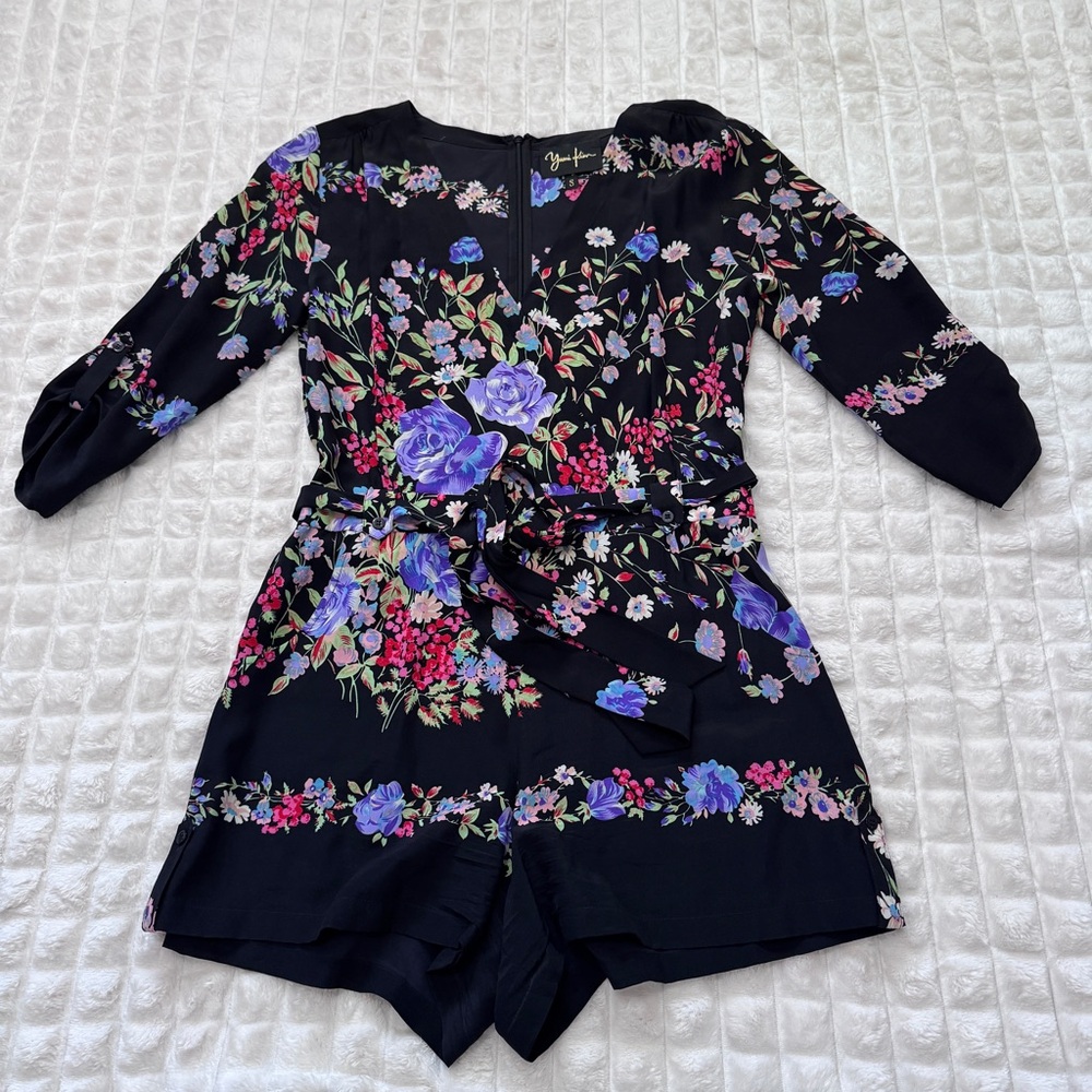 Yumi Kim Small 100% Silk Black Floral Romper ~ Quiet Luxury Beach Resort
